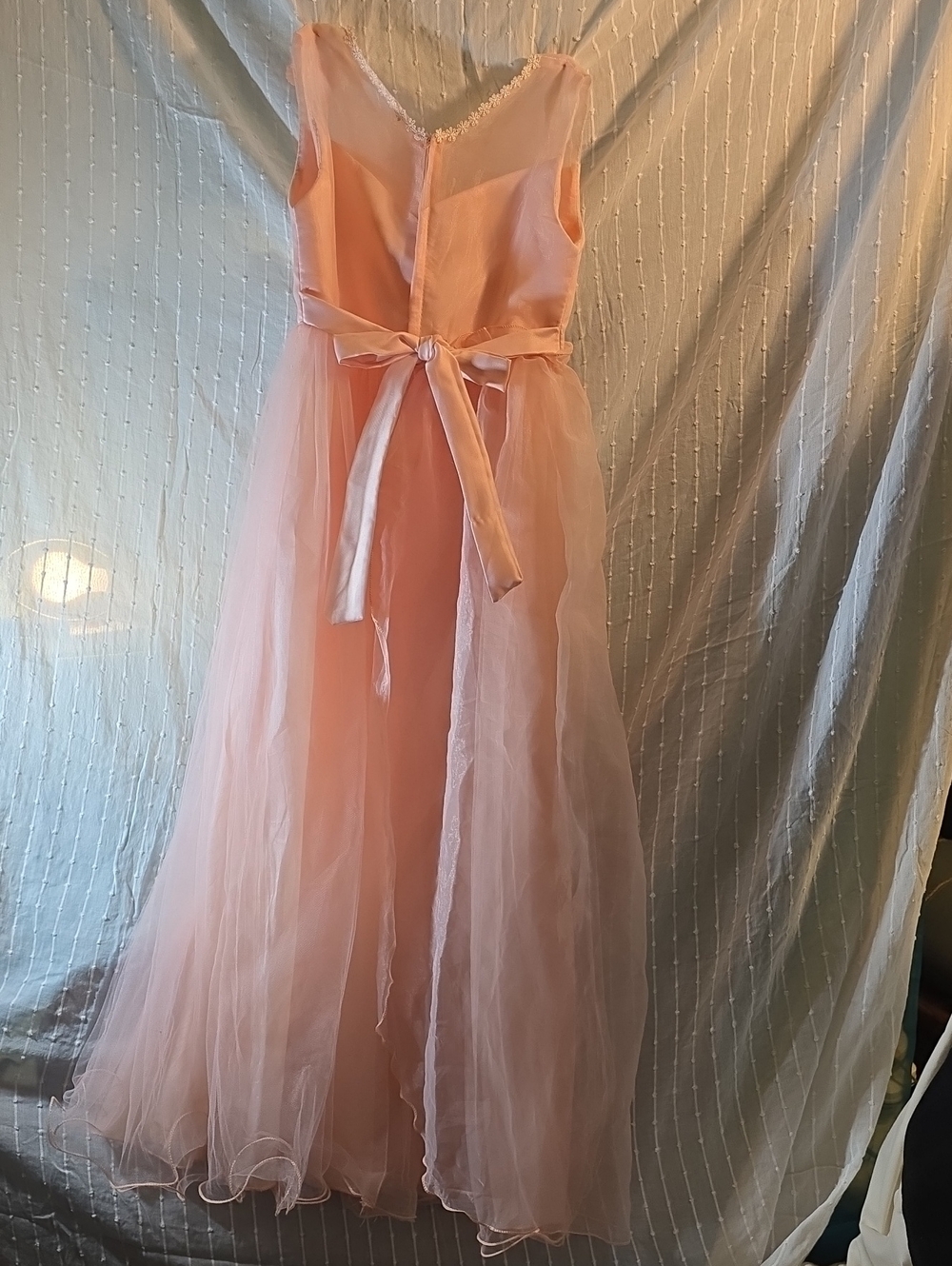 Girls' Peach Tulle Formal Dress with Satin Waist Tie